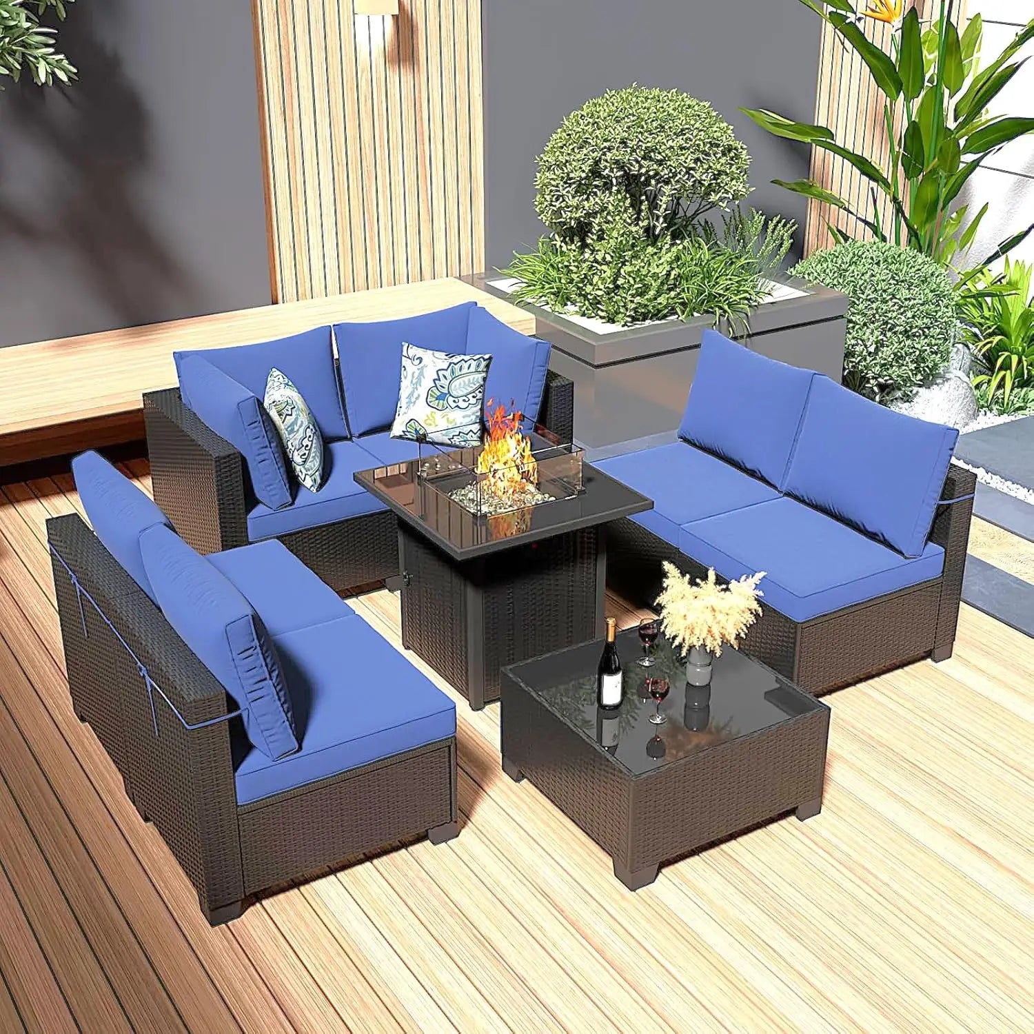 8 Piece Patio Furniture Set with Fire Pit Table