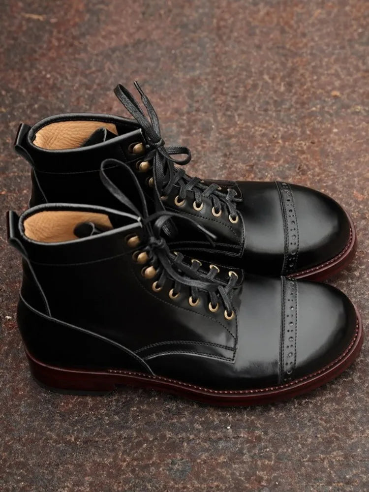 Retro Style Genuine Leather Round Toe Lace-Up