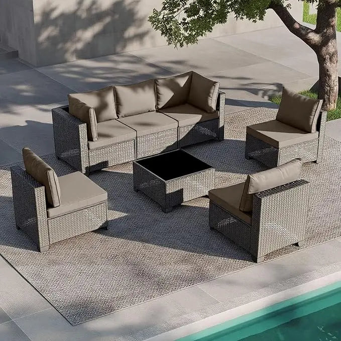 7-Piece Outdoor Patio Furniture Set Grey Rattan Wicker