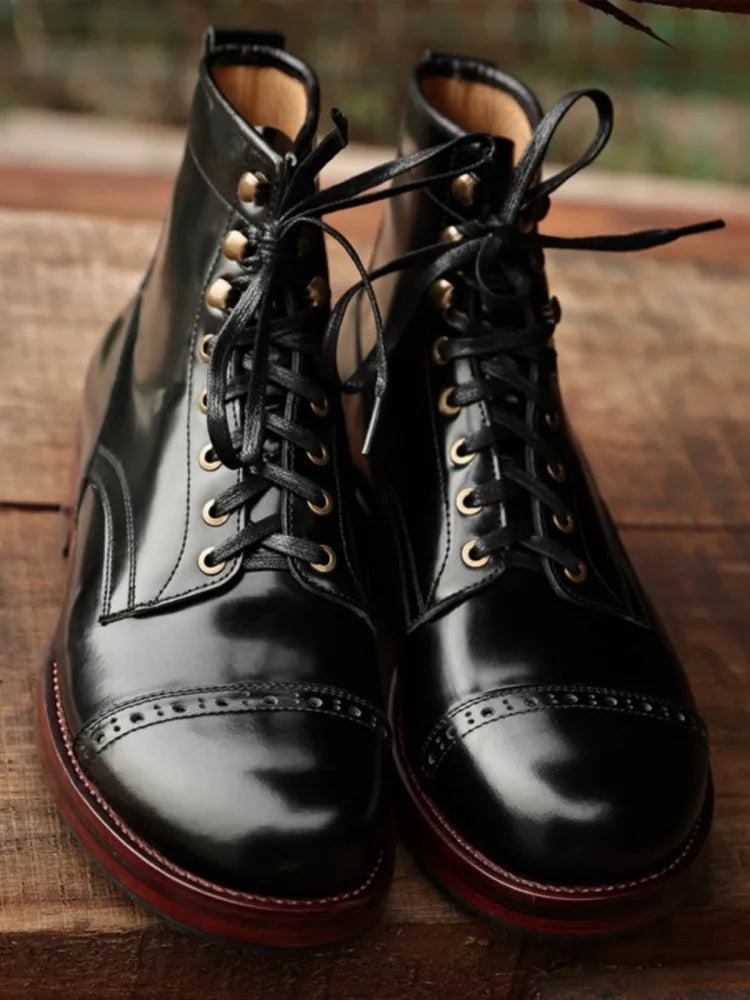Retro Style Genuine Leather Round Toe Lace-Up