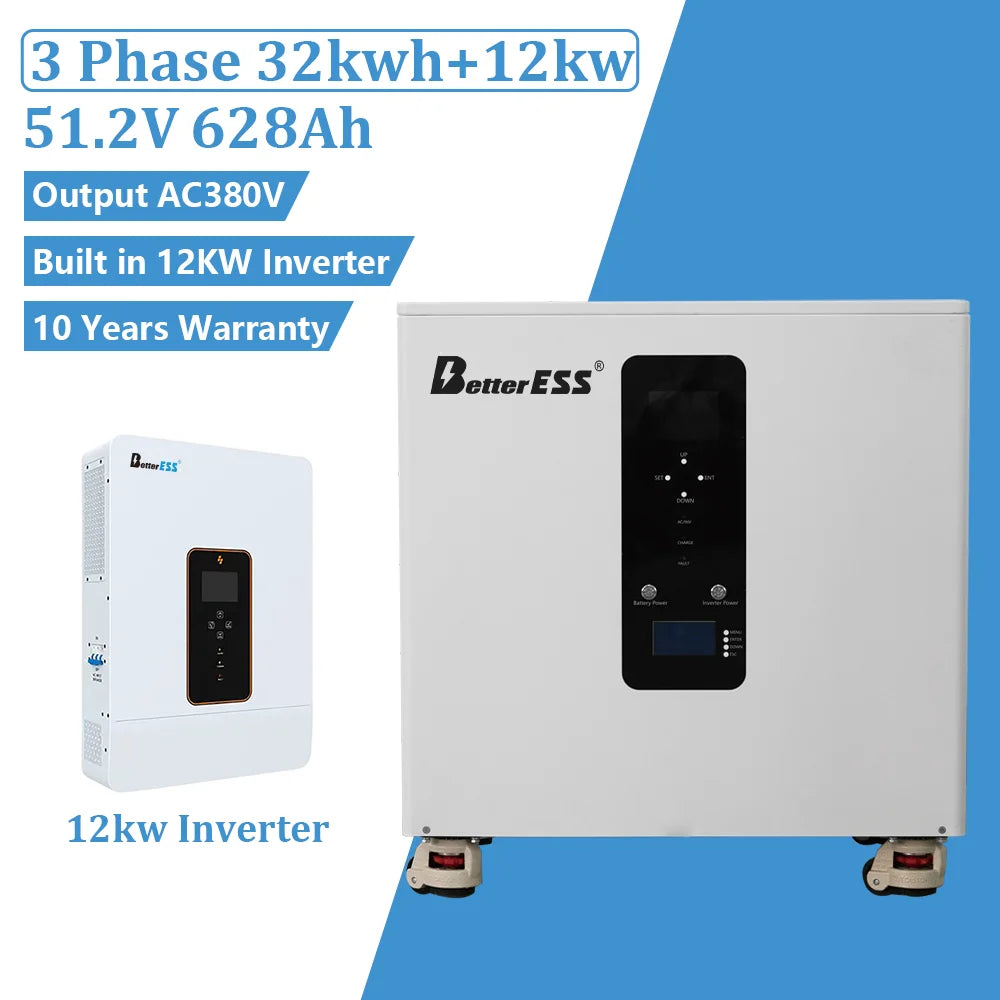 32kWh Battery 51.2V 600Ah 12kW 3-Phase Inverter