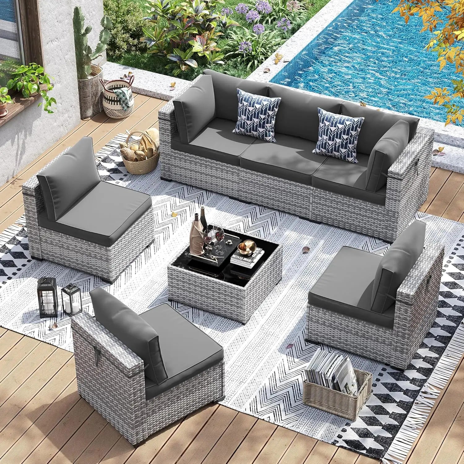 Patio Furniture Set 7 Pieces Wicker Sectional Sofa with Tea Table