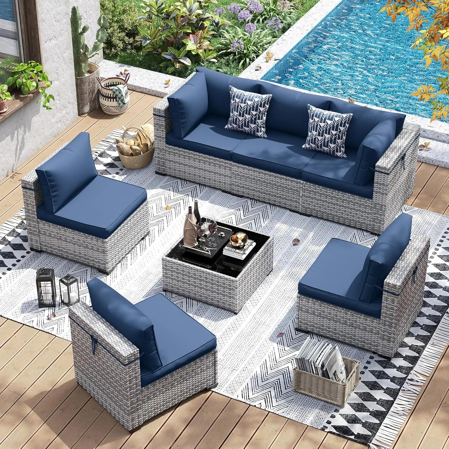 Patio Furniture Set 7 Pieces Wicker Sectional Sofa with Tea Table