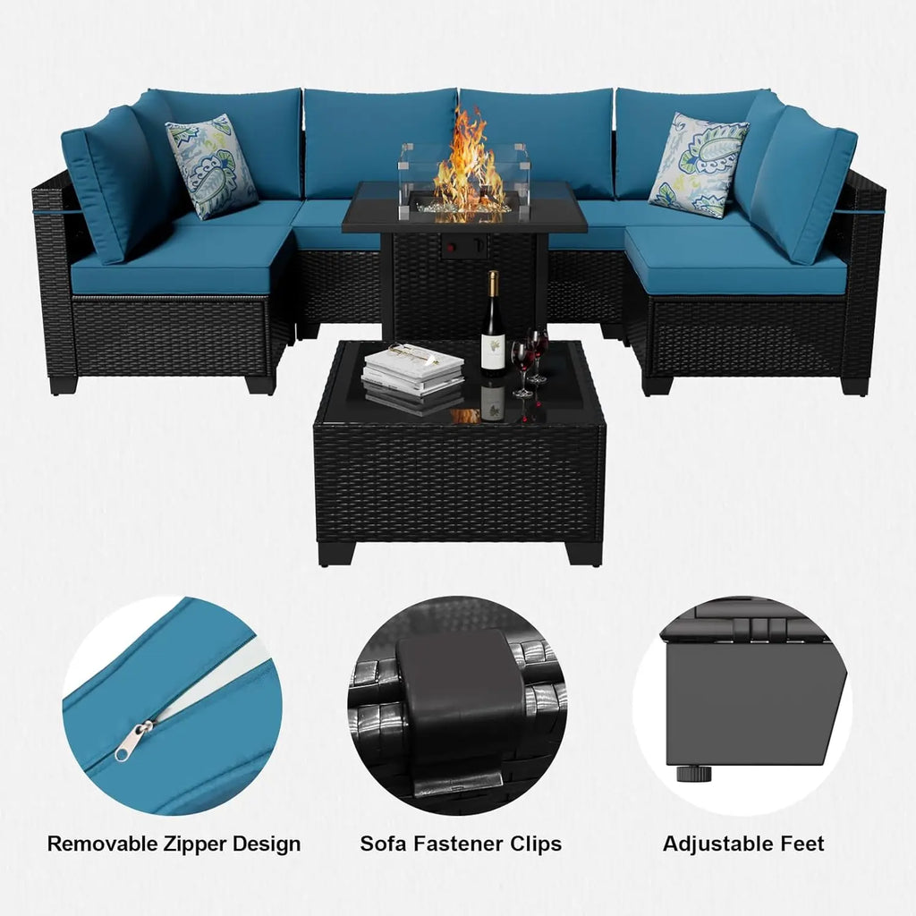 8 Piece Patio Furniture Set with Fire Pit Table