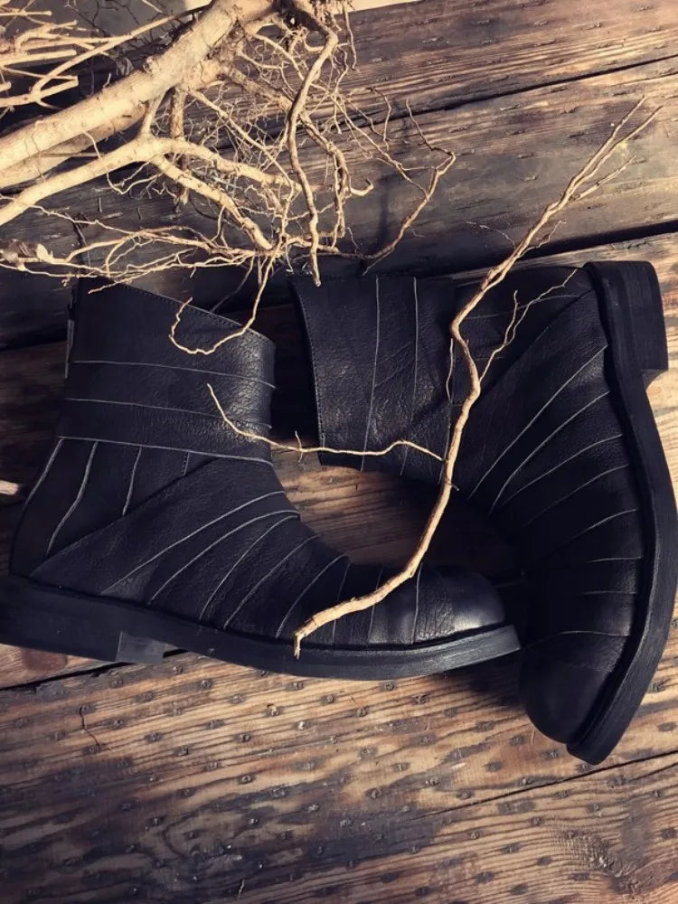 Genuine Leather Round Toe Zipper Ankle Boots