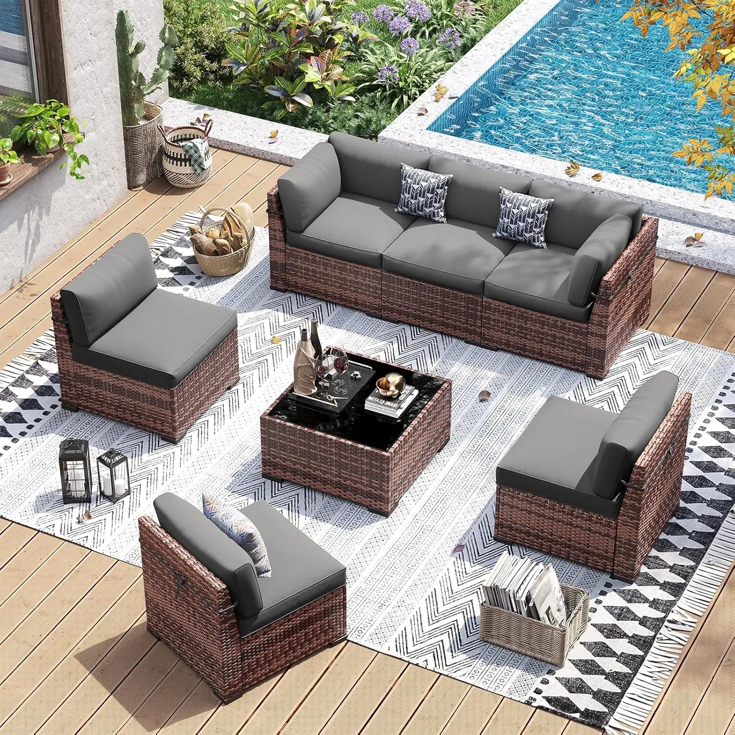 Patio Furniture Set 7 Pieces Wicker Sectional Sofa with Tea Table