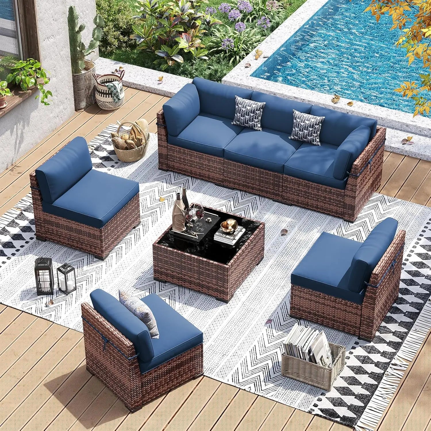 Patio Furniture Set 7 Pieces Wicker Sectional Sofa with Tea Table