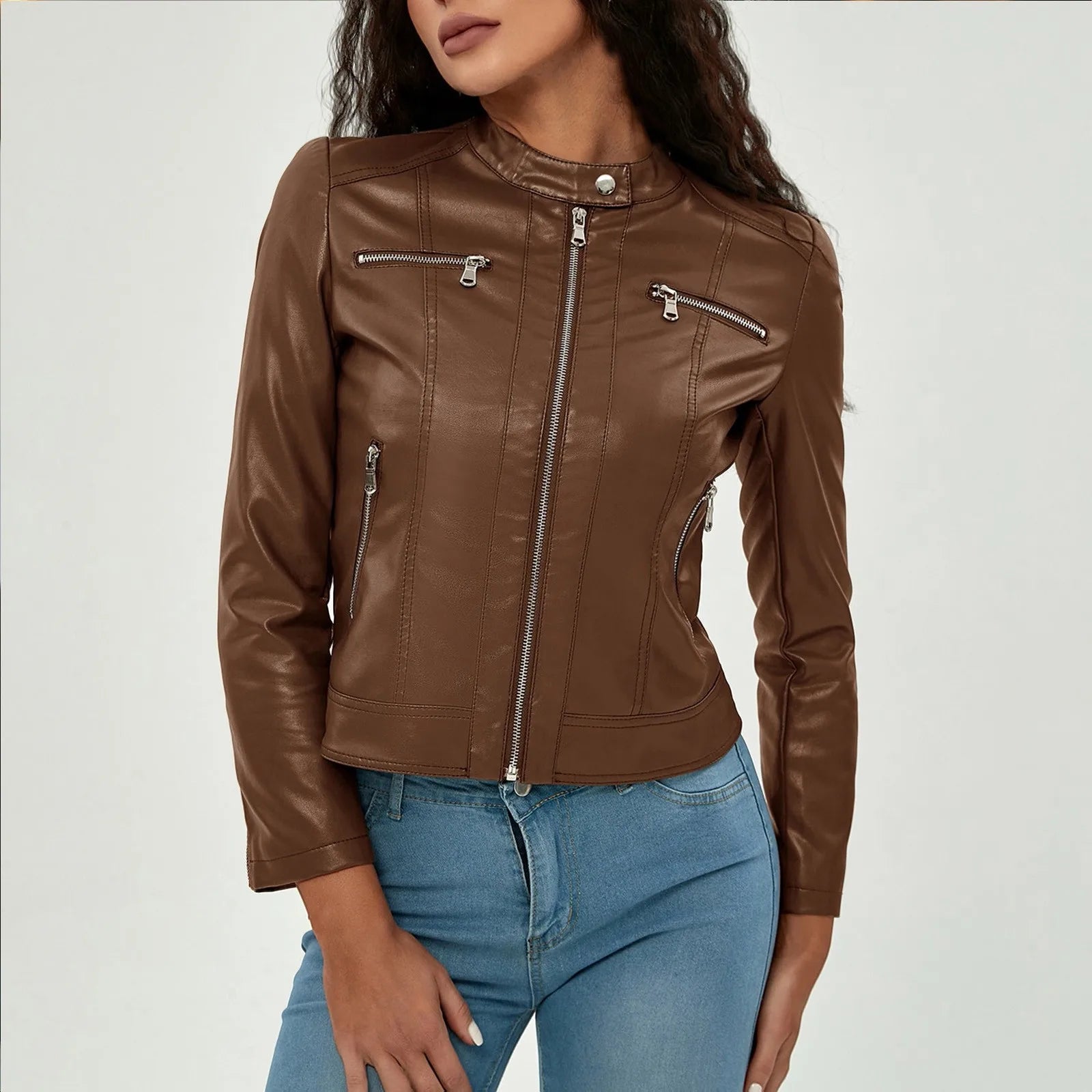 Women Patent Leather Jacket With Pockets