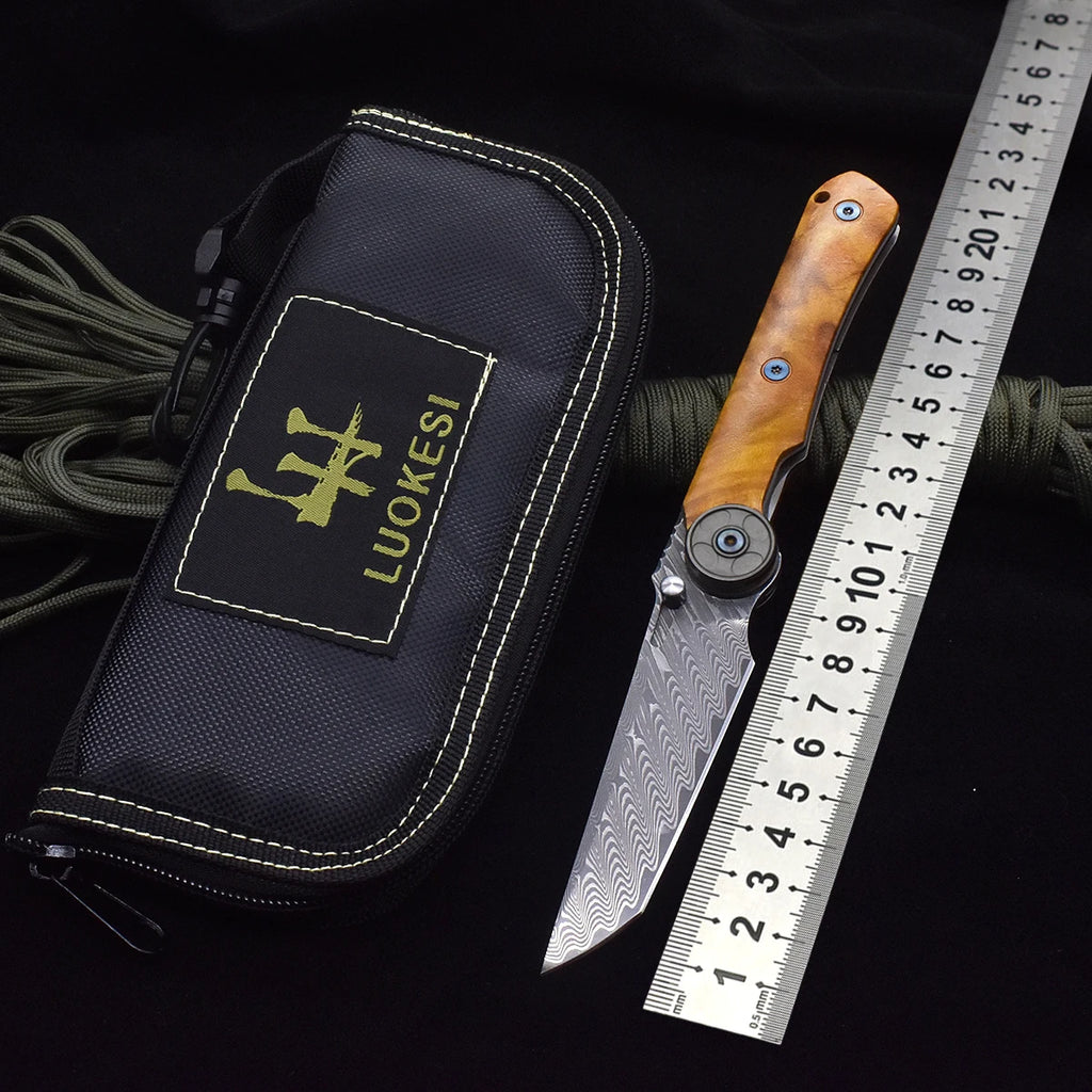 Damascus Wood Handle Folding Knife