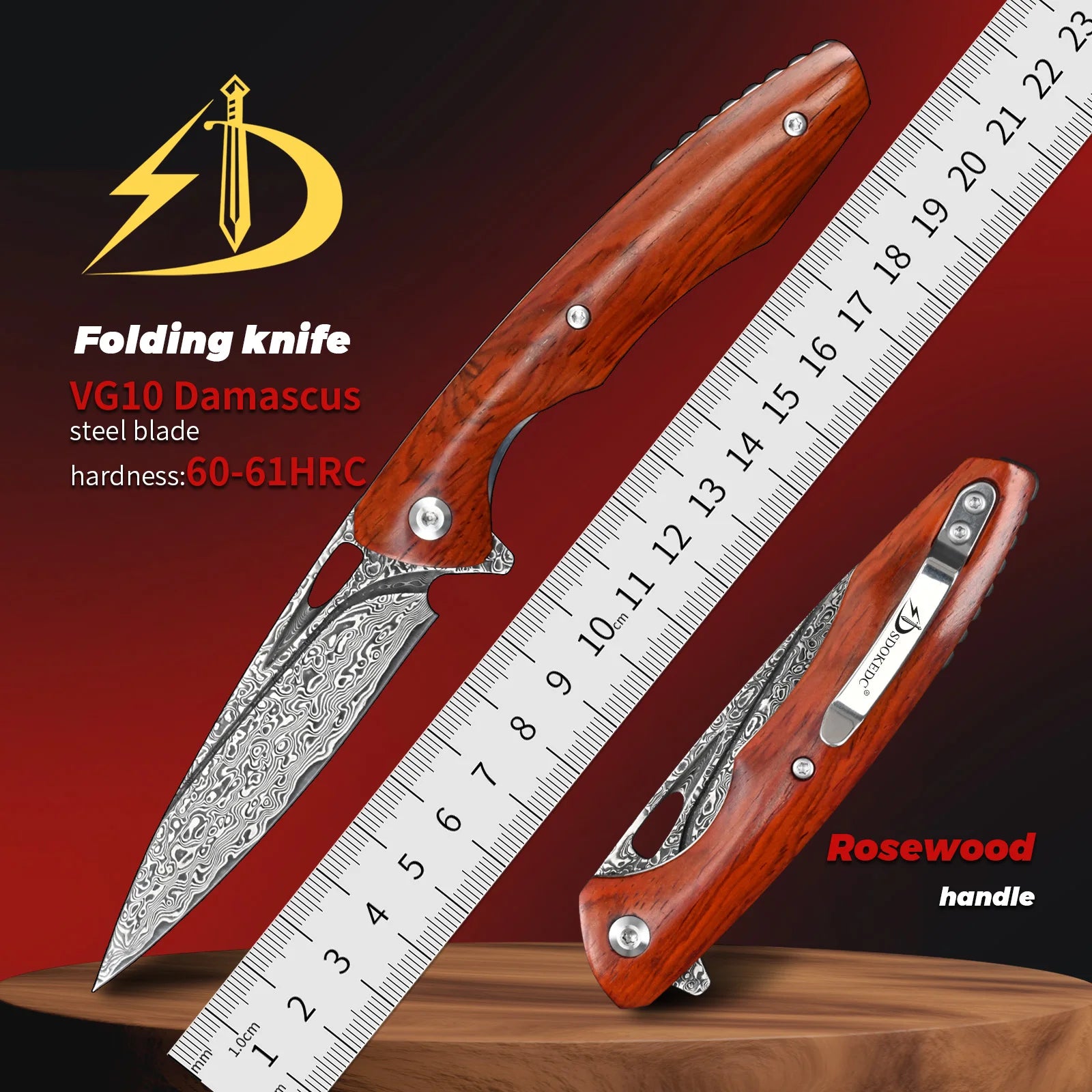 Damascus Steel Folding Knives Rosewood Handle