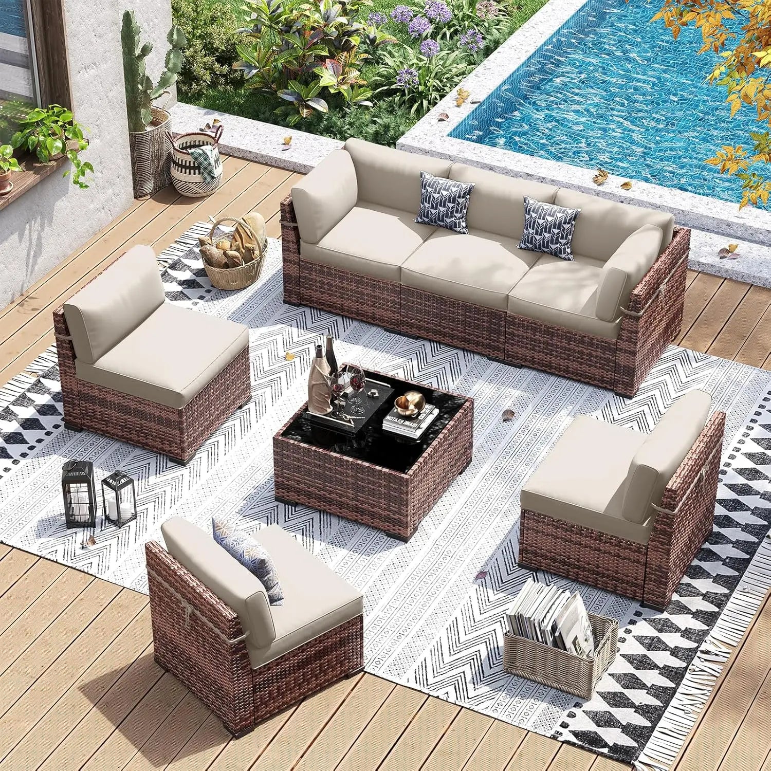Patio Furniture Set 7 Pieces Wicker Sectional Sofa with Tea Table