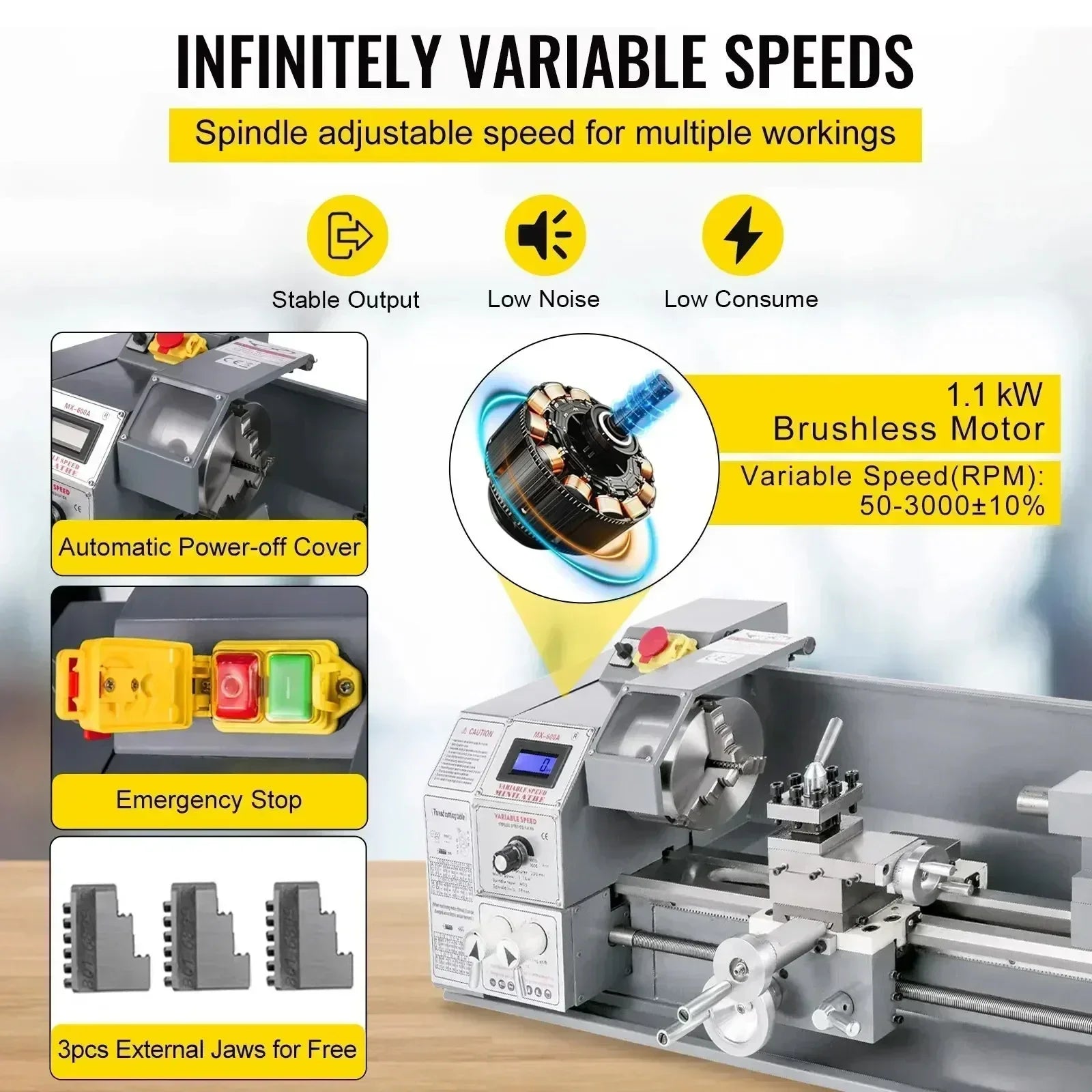 Metal Lathe Variable Speed Mini 3-Jaw Chuck
