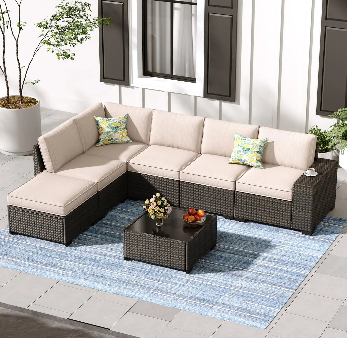 7-Piece Patio Furniture Set Wicker Sectional Sofa
