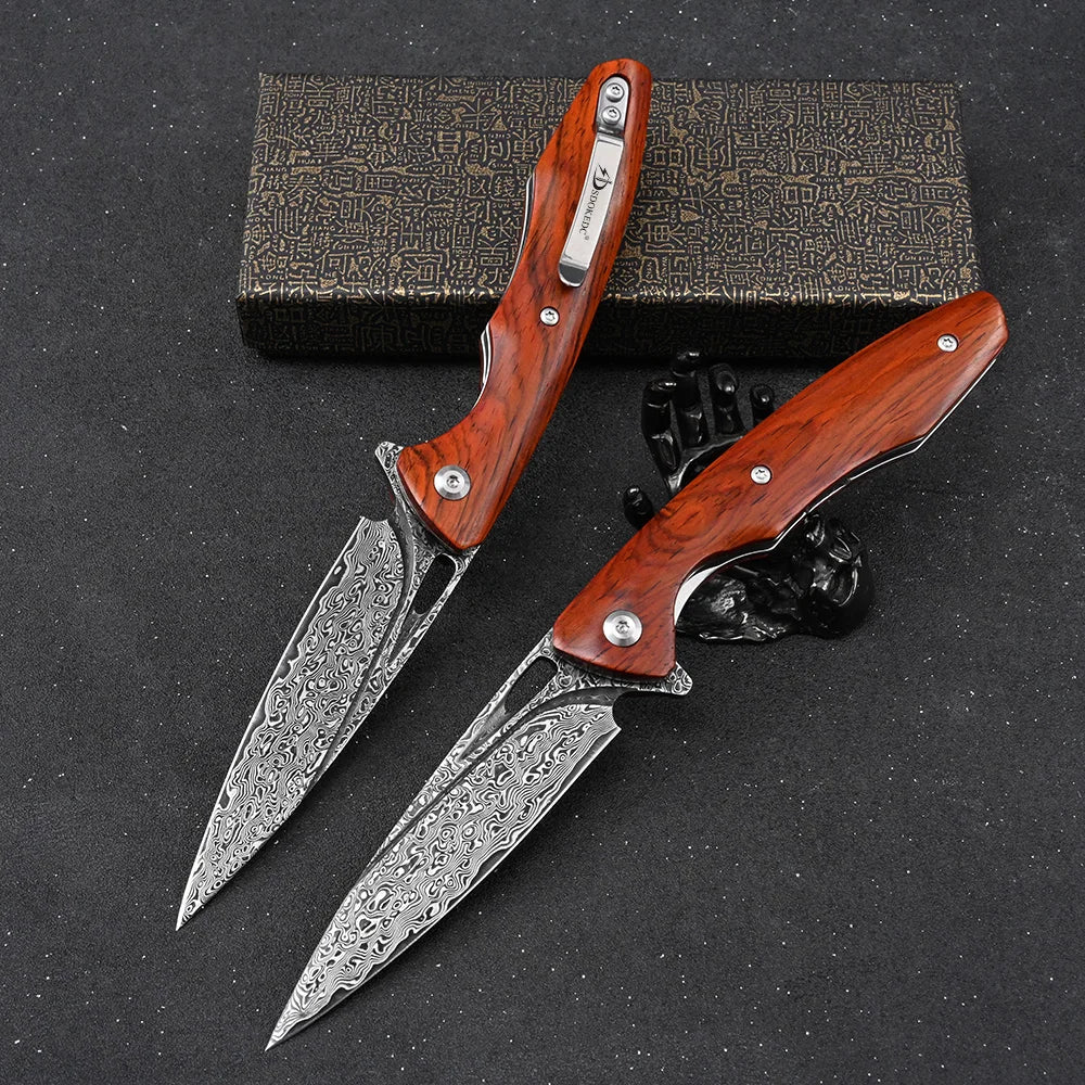 Damascus Steel Folding Knives Rosewood Handle