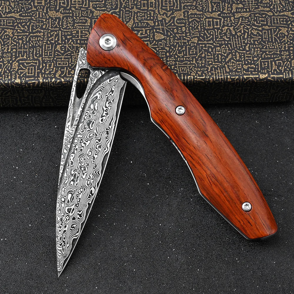 Damascus Steel Folding Knives Rosewood Handle