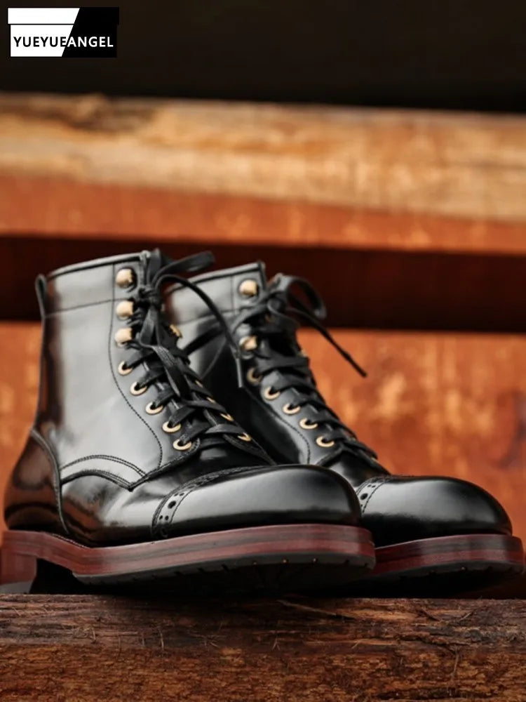 Retro Style Genuine Leather Round Toe Lace-Up