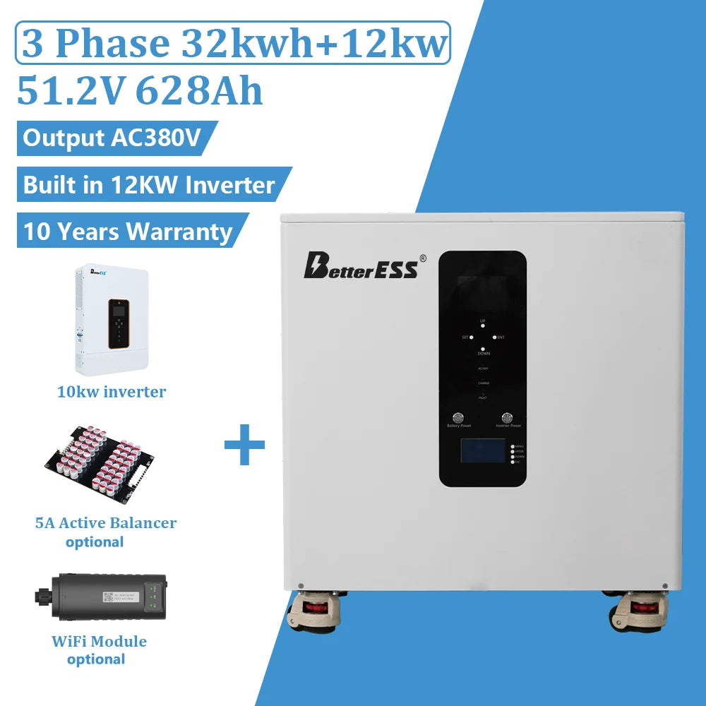 32kWh Battery 51.2V 600Ah 12kW 3-Phase Inverter