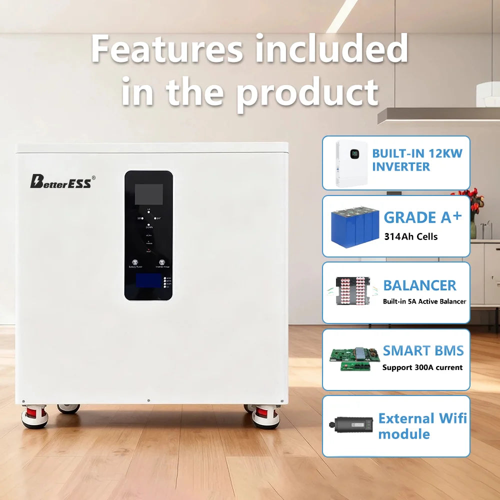 32kWh Battery 51.2V 600Ah 12kW 3-Phase Inverter