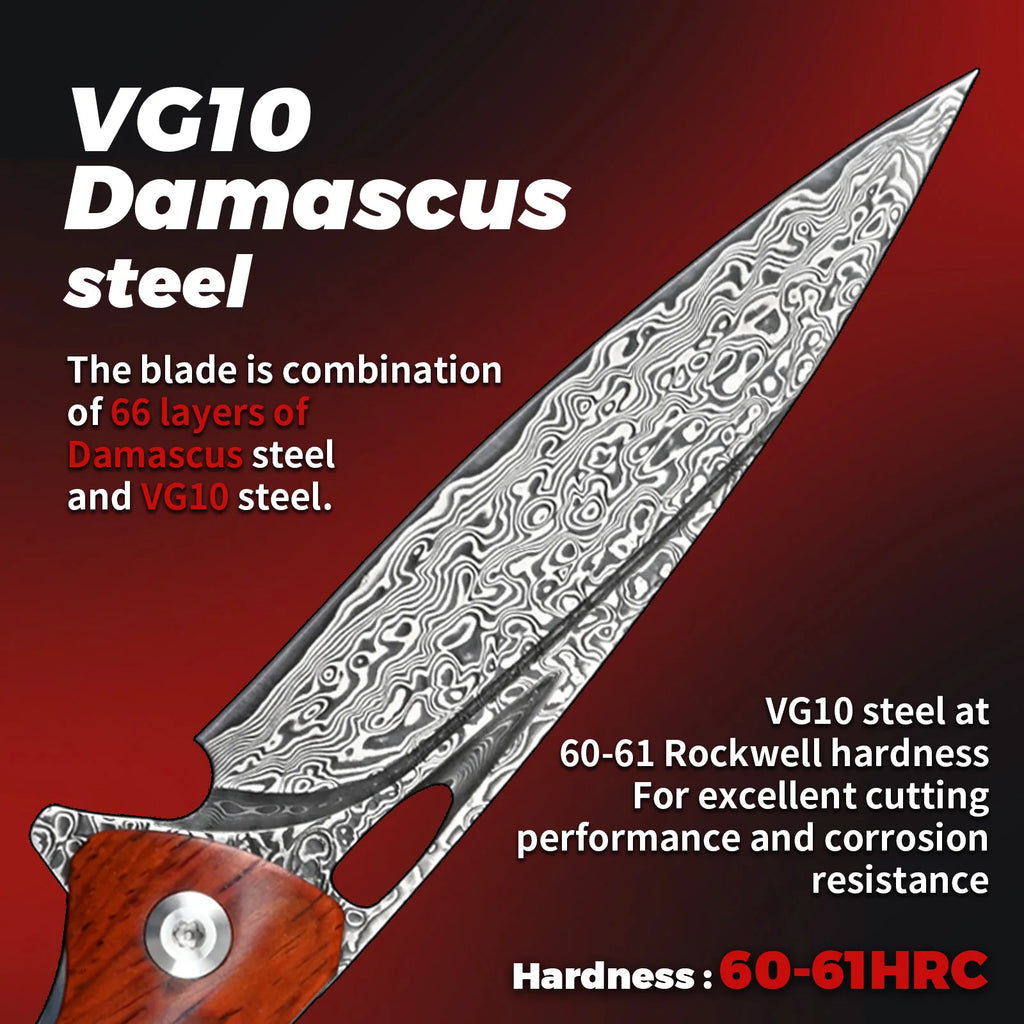 Damascus Steel Folding Knives Rosewood Handle