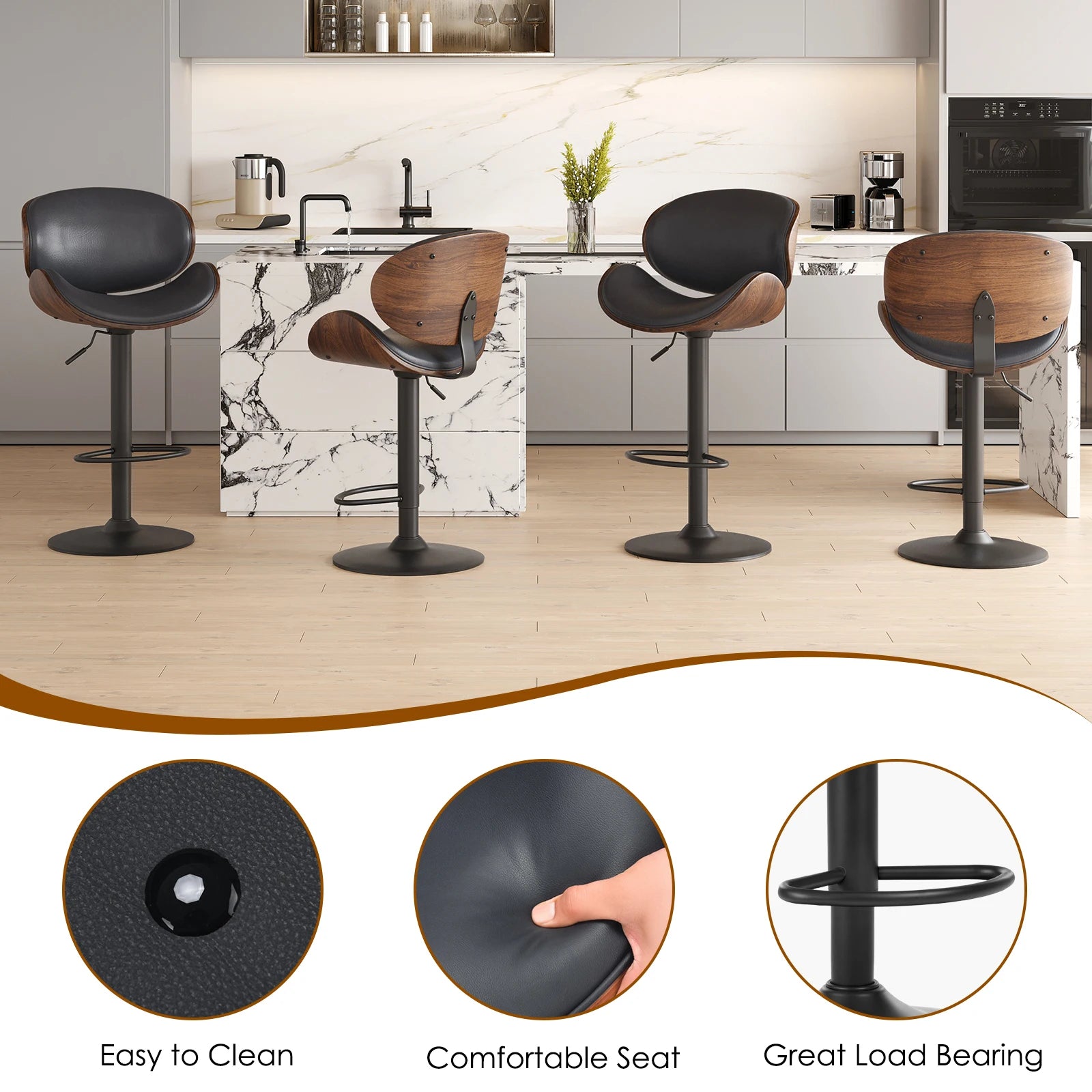 Set of 2 Swivel Bar Stools, Adjustable Height Bentwood Barstools with Backrest