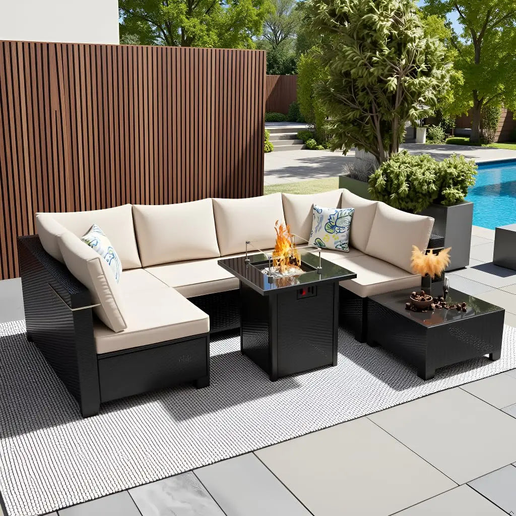 8 Piece Patio Furniture Set with Fire Pit Table