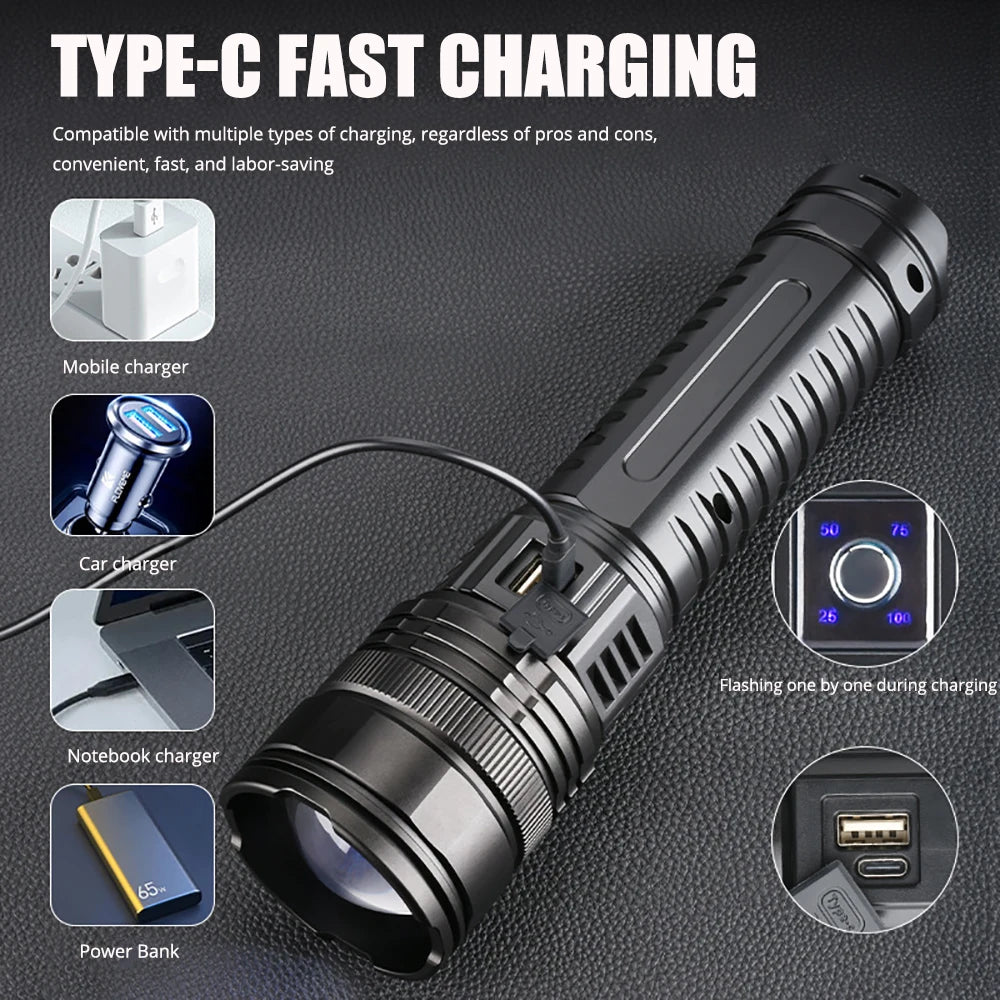 1000W Flash Light Emergency Spotlight 9km Tactical Torch