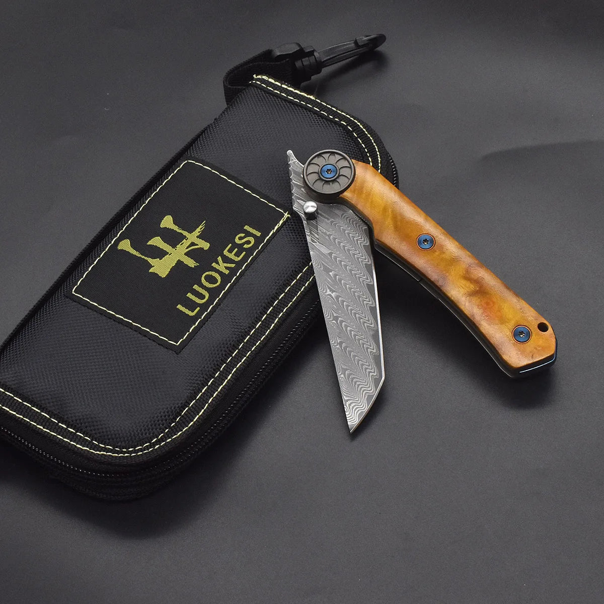 Damascus Wood Handle Folding Knife