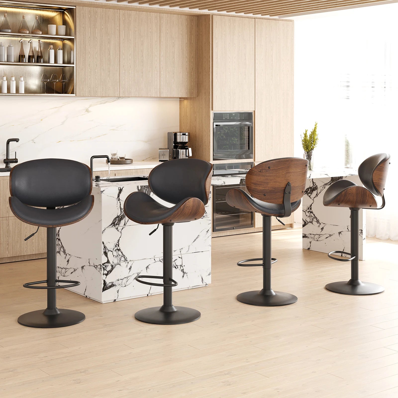 Set of 2 Swivel Bar Stools, Adjustable Height Bentwood Barstools with Backrest
