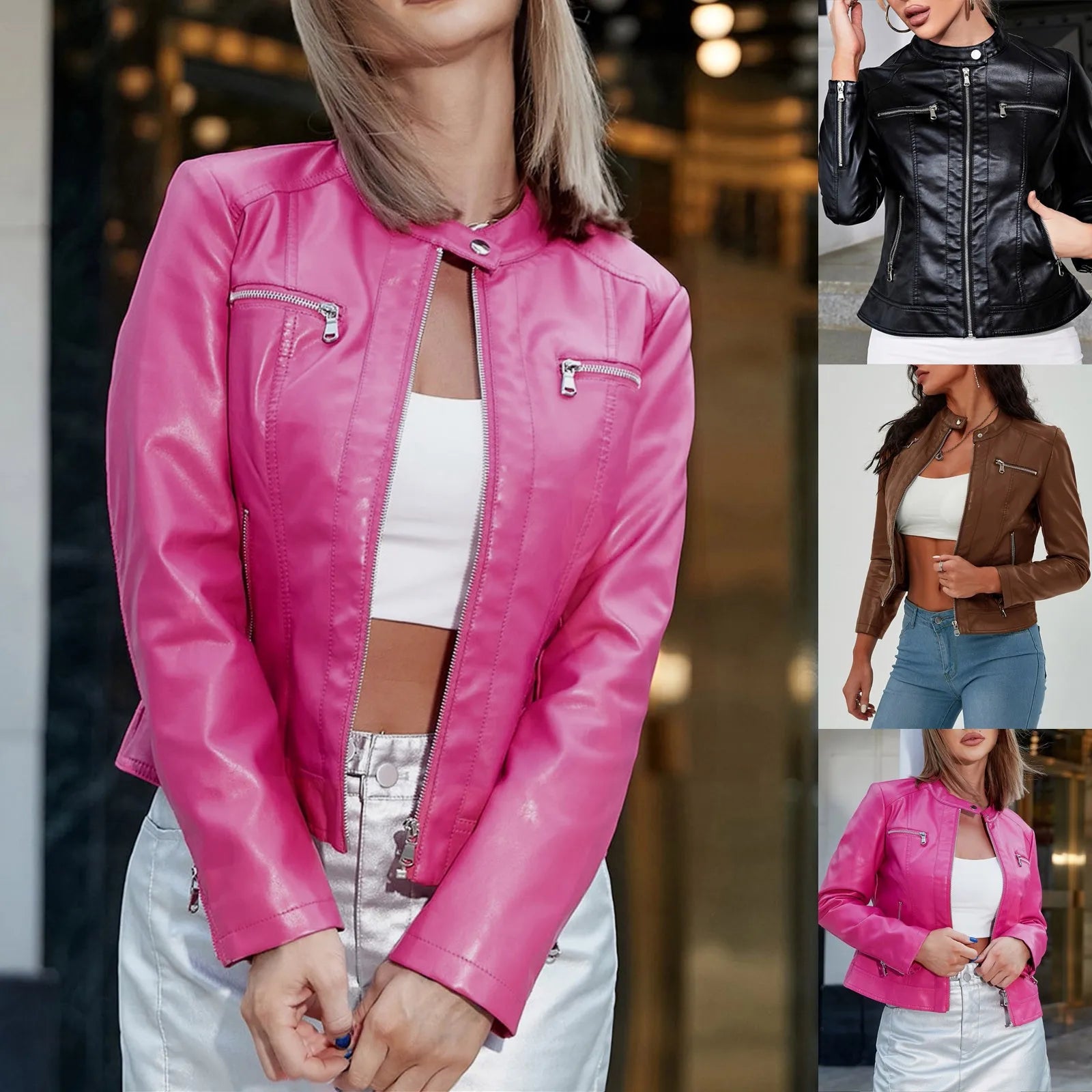 Women Patent Leather Jacket With Pockets