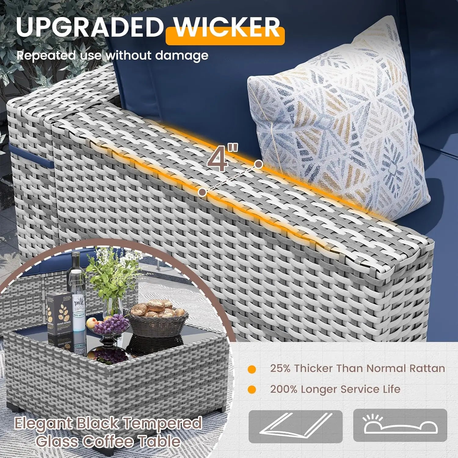 Patio Furniture Set 7 Pieces Wicker Sectional Sofa with Tea Table