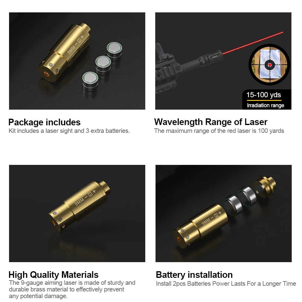 9MM Optics Cartridge Red Laser Bore Brass Sighter