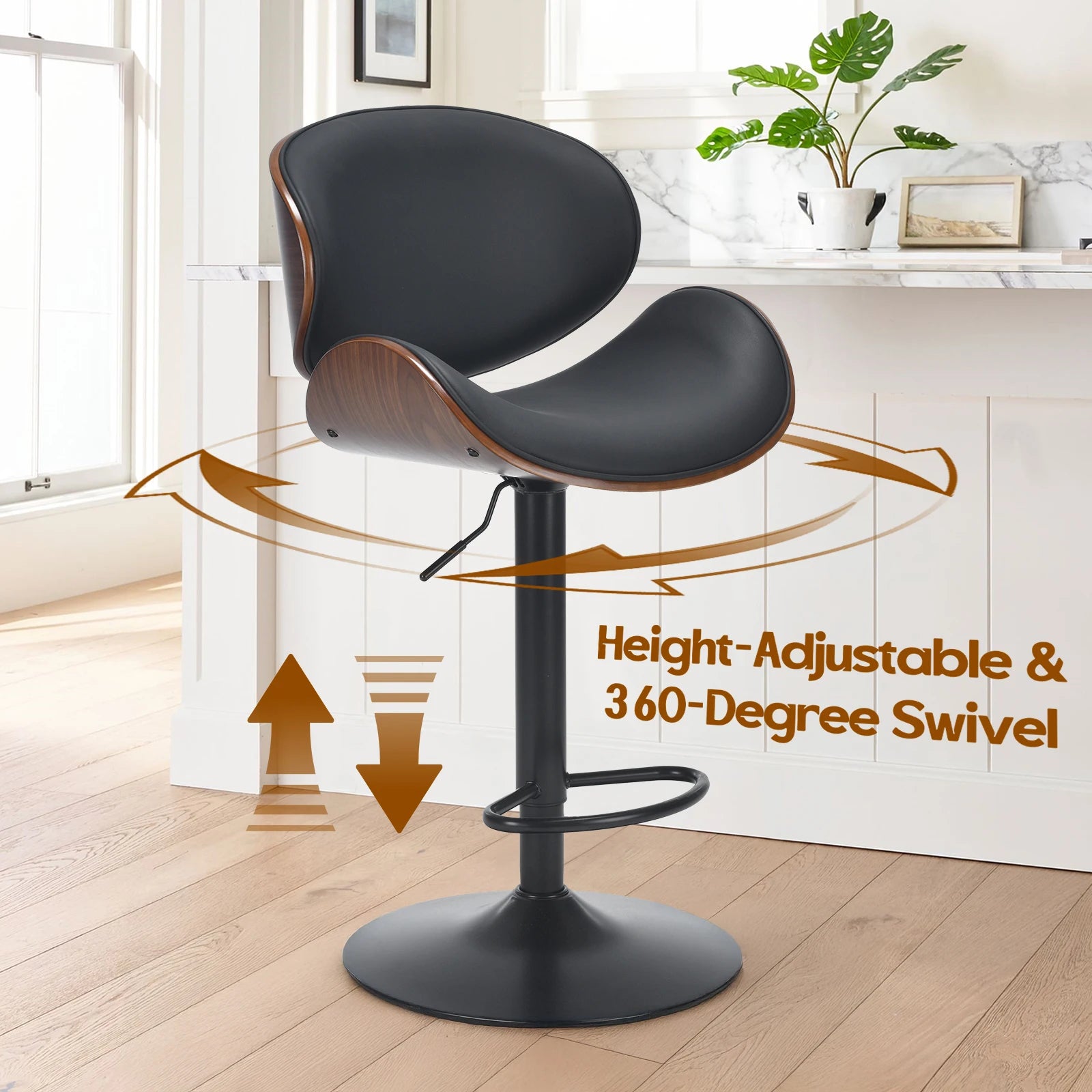 Set of 2 Swivel Bar Stools, Adjustable Height Bentwood Barstools with Backrest