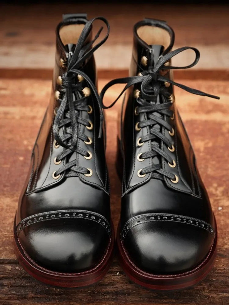 Retro Style Genuine Leather Round Toe Lace-Up