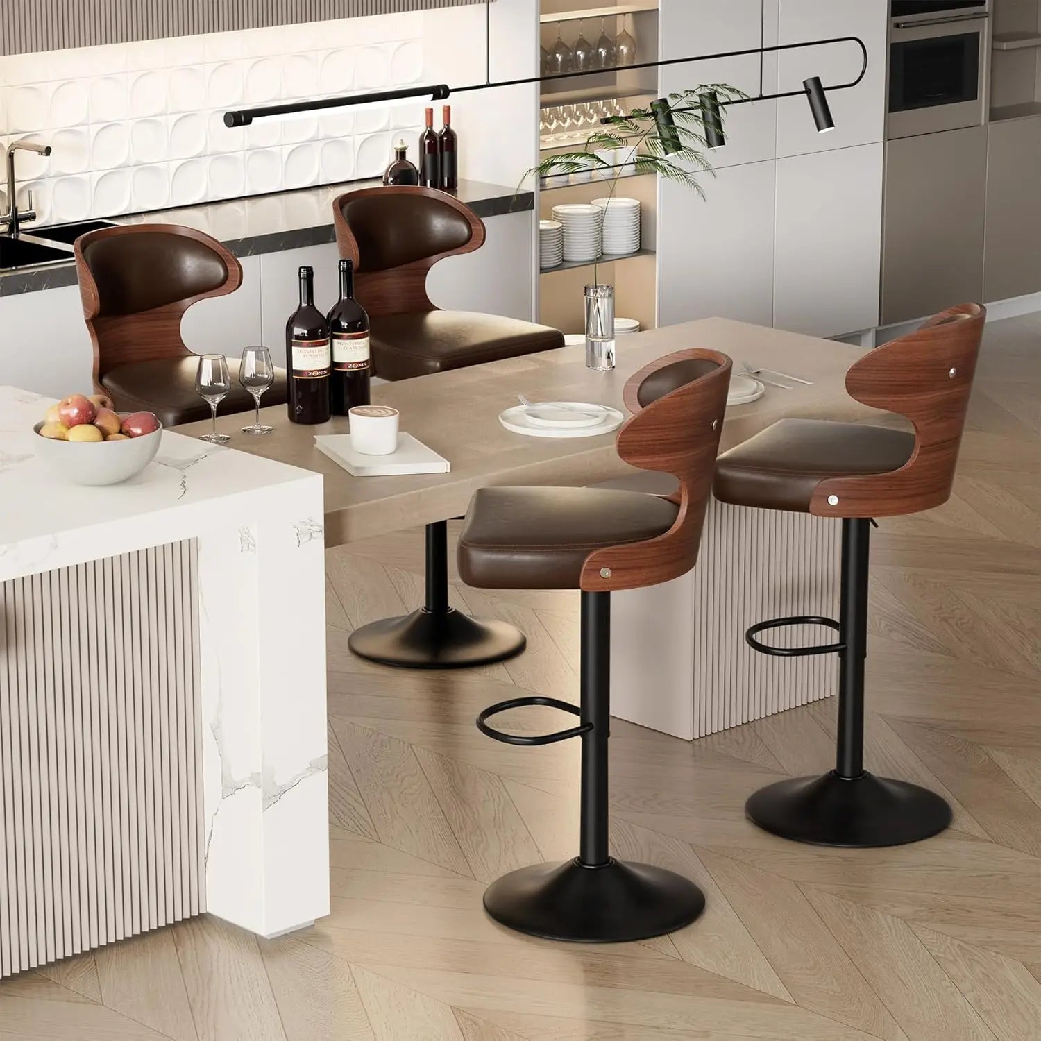 Bar Stools Set of 4 Adjustable Height Swivel Bar Stools Faux Leather Upholstered Bentwood Barstools with Back, Customized
