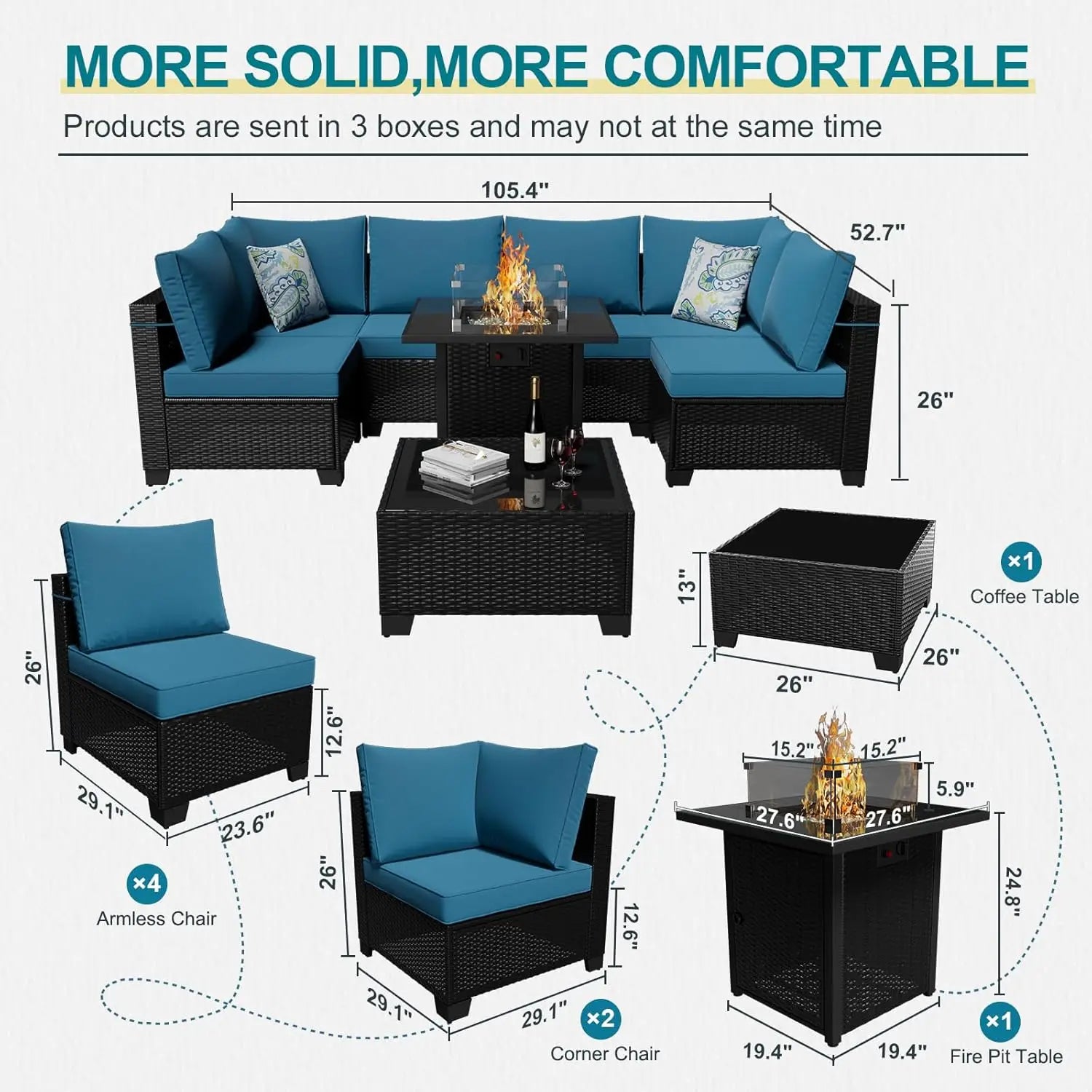 8 Piece Patio Furniture Set with Fire Pit Table