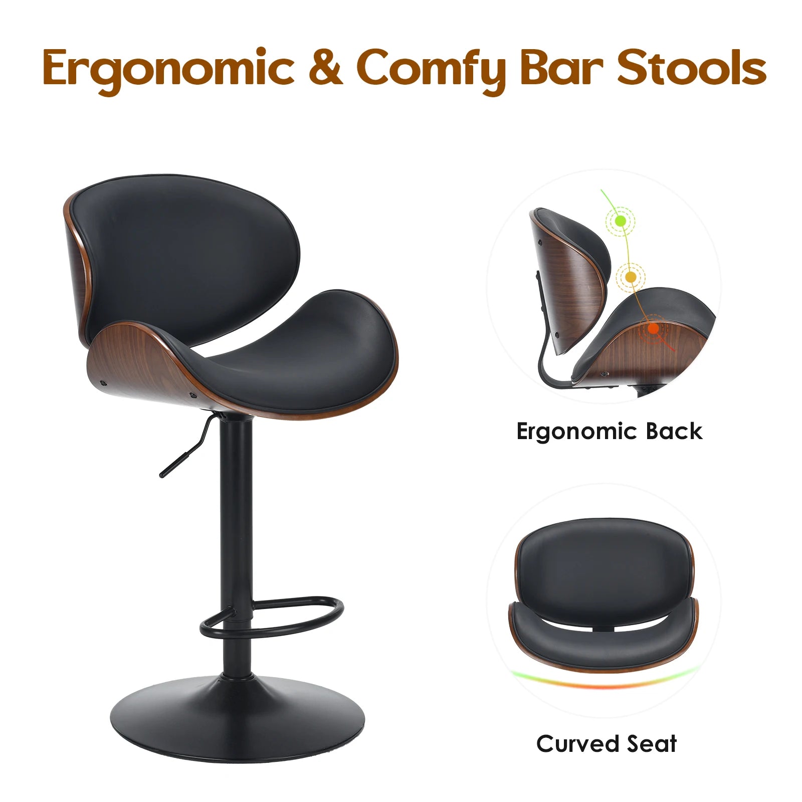 Set of 2 Swivel Bar Stools, Adjustable Height Bentwood Barstools with Backrest