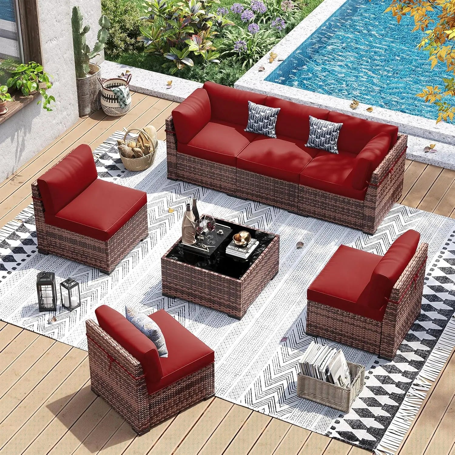 Patio Furniture Set 7 Pieces Wicker Sectional Sofa with Tea Table