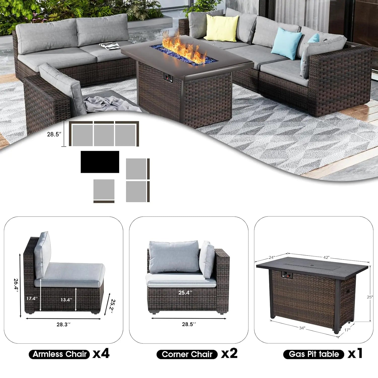7 Pieces Outdoor Sectional Patio Furniture Set