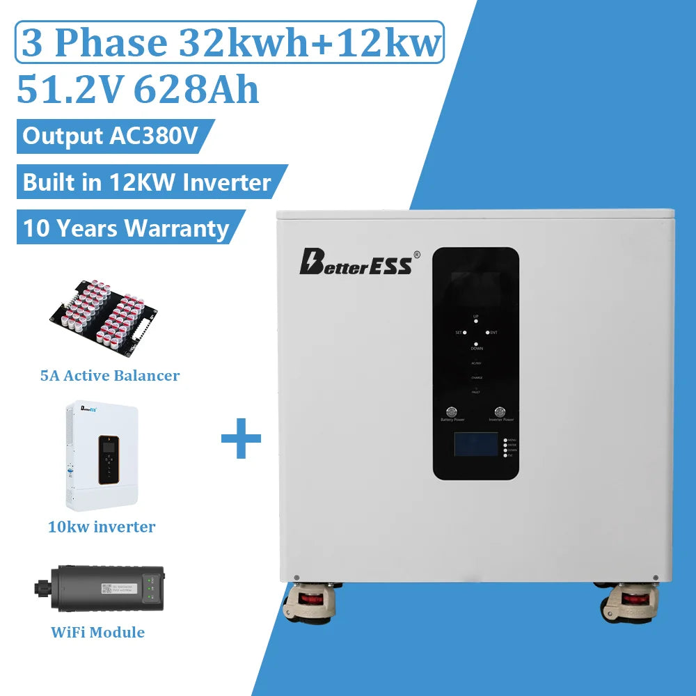 32kWh Battery 51.2V 600Ah 12kW 3-Phase Inverter