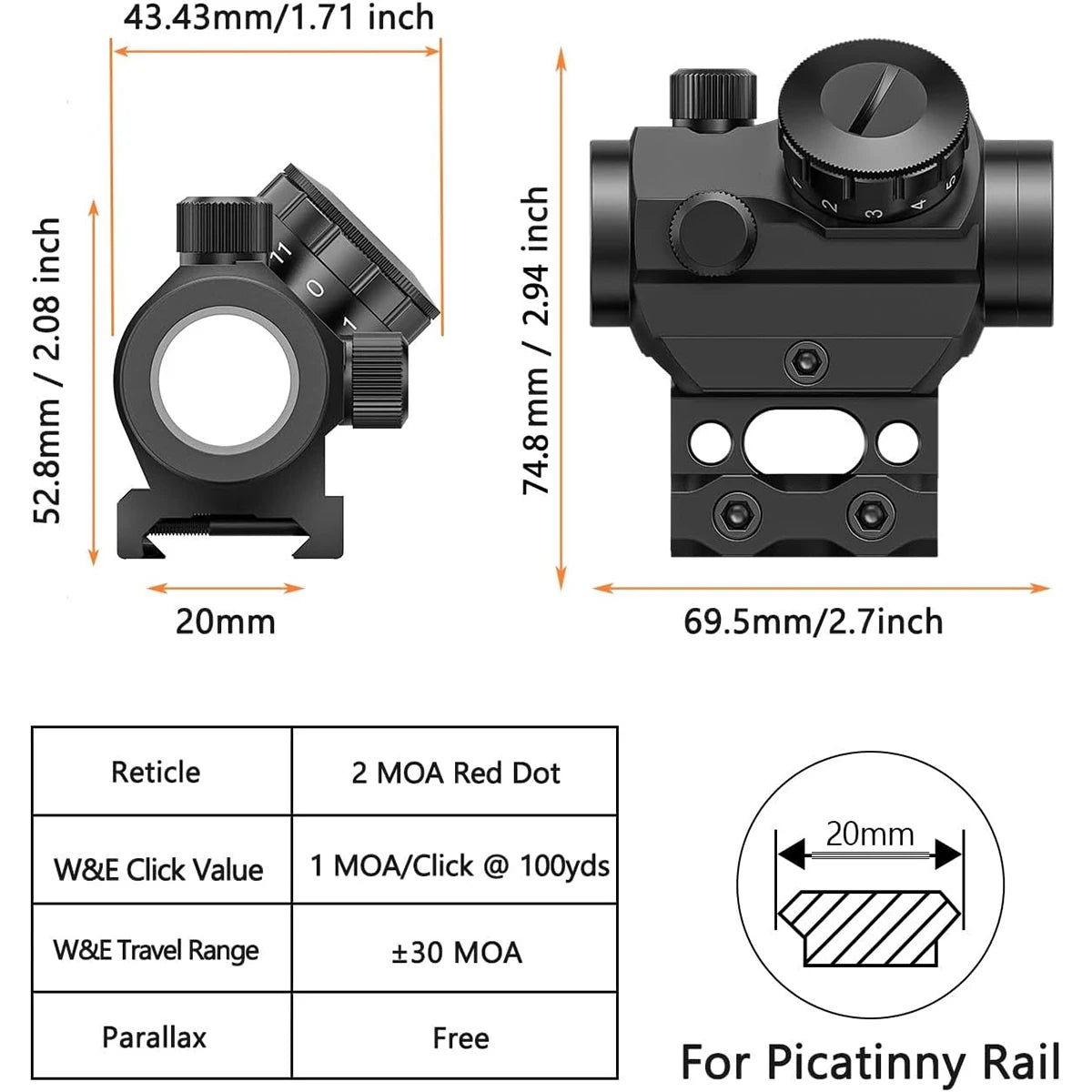 Red Dot Sight 1x25mm Waterproof and Shockproof Riser Mount
