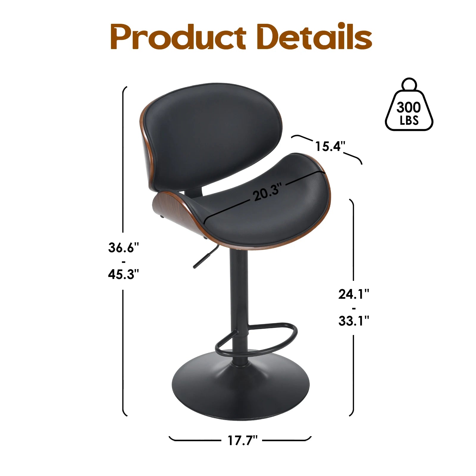 Set of 2 Swivel Bar Stools, Adjustable Height Bentwood Barstools with Backrest