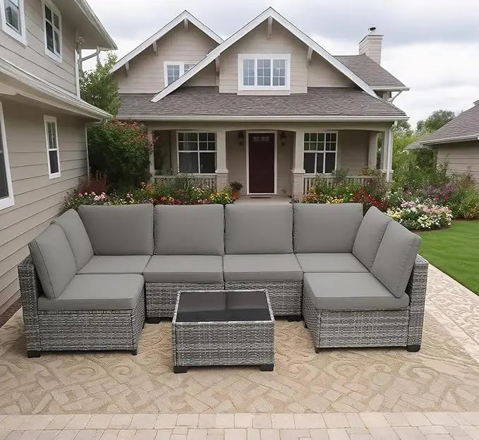 7-Piece Outdoor Patio Furniture Set Grey Rattan Wicker