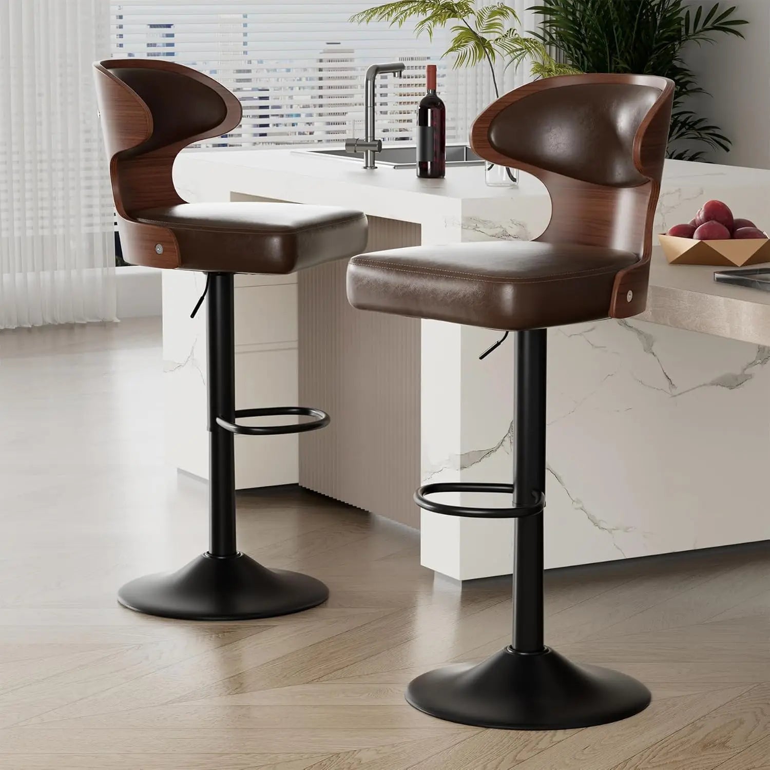 Bar Stools Set of 4 Adjustable Height Swivel Bar Stools Faux Leather Upholstered Bentwood Barstools with Back, Customized