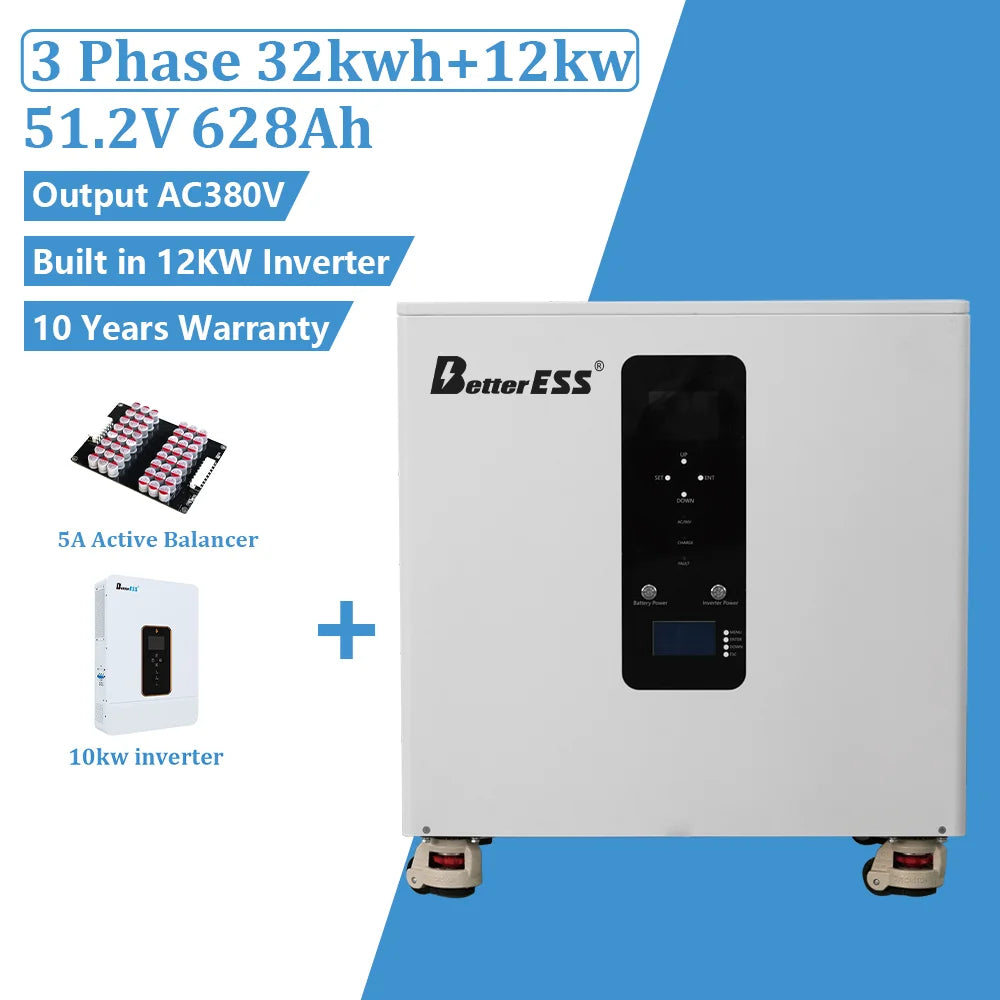 32kWh Battery 51.2V 600Ah 12kW 3-Phase Inverter