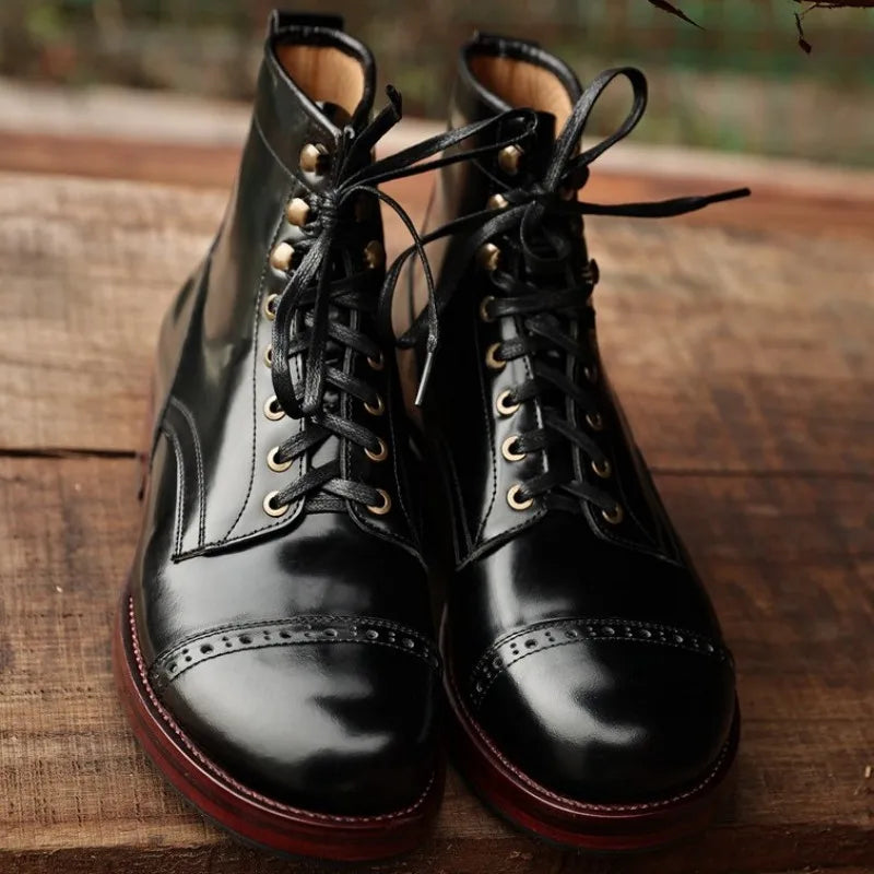 Retro Style Genuine Leather Round Toe Lace-Up