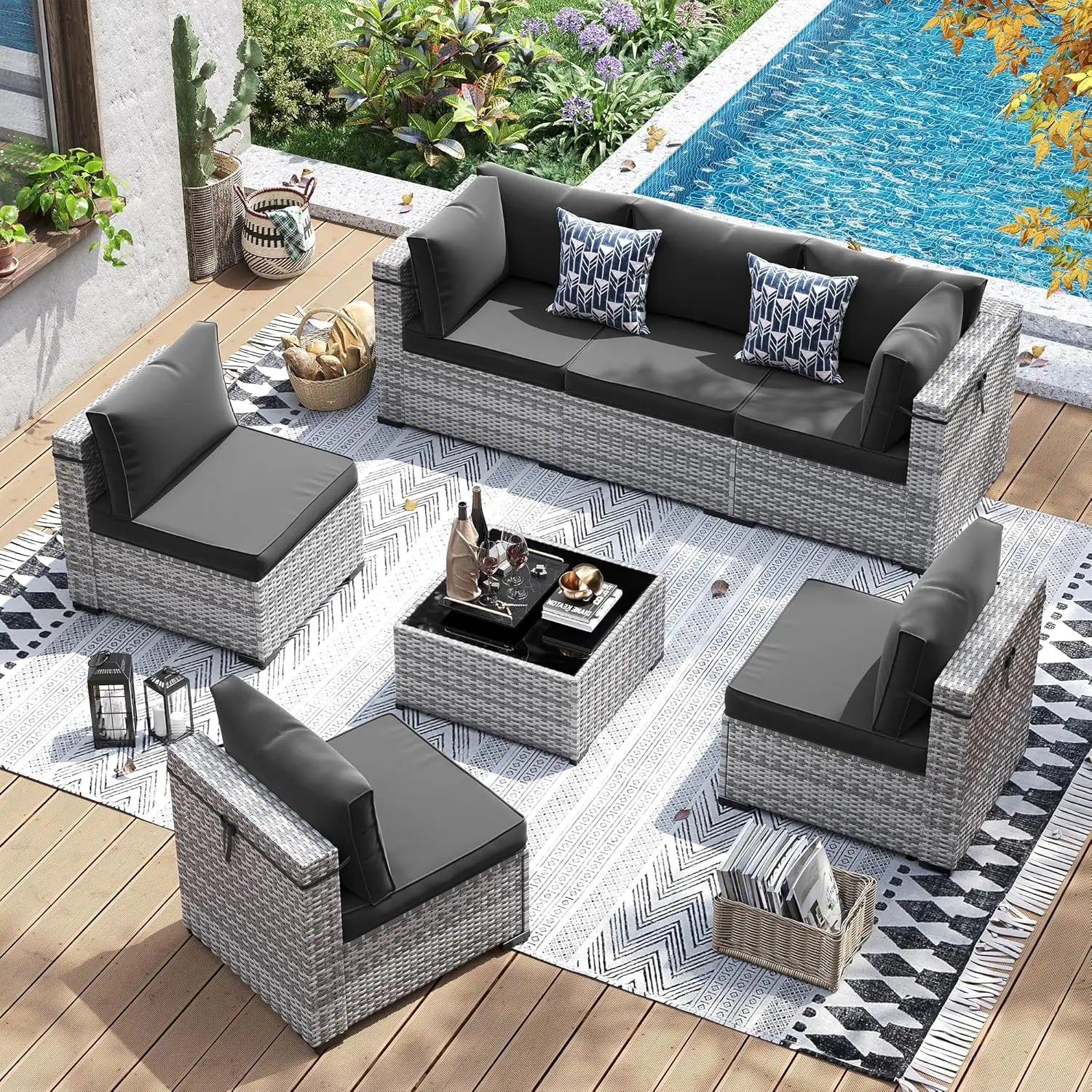 Patio Furniture Set 7 Pieces Wicker Sectional Sofa with Tea Table