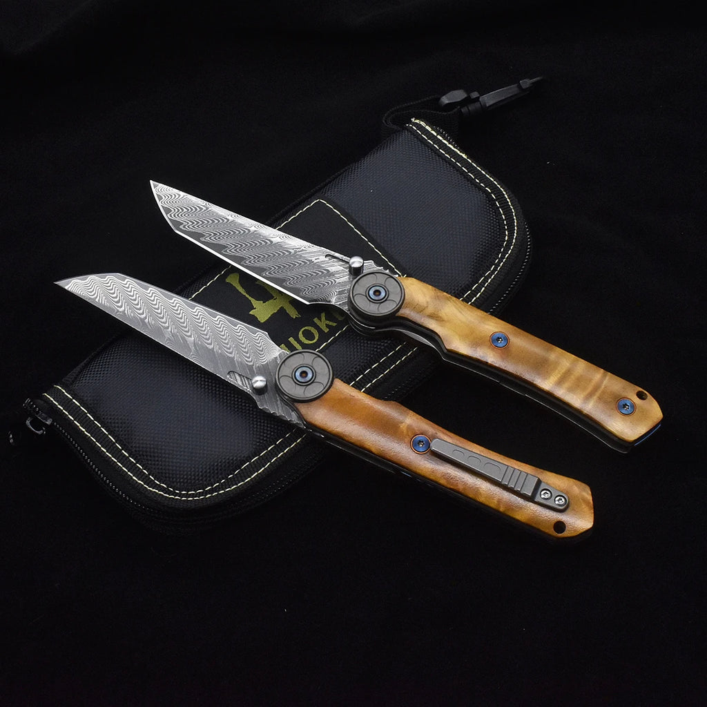 Damascus Wood Handle Folding Knife